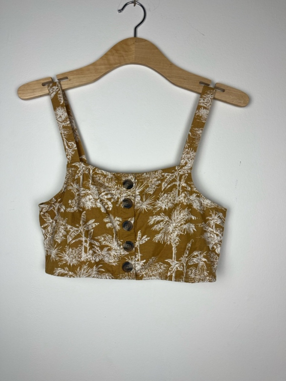 aerie Mustard Floral-Print Button Crop‎ Top